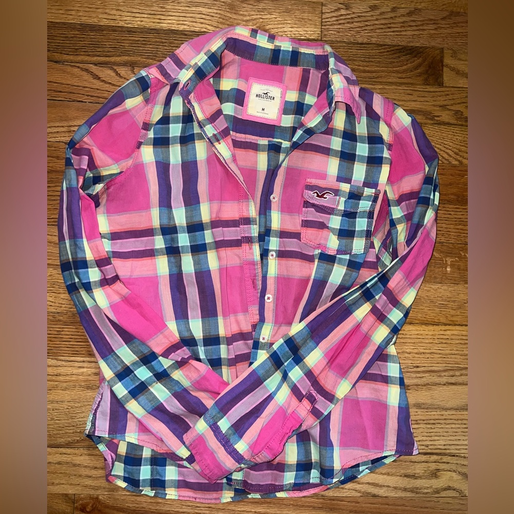 Hollister Kids Pink and Blue Plaid Shirt